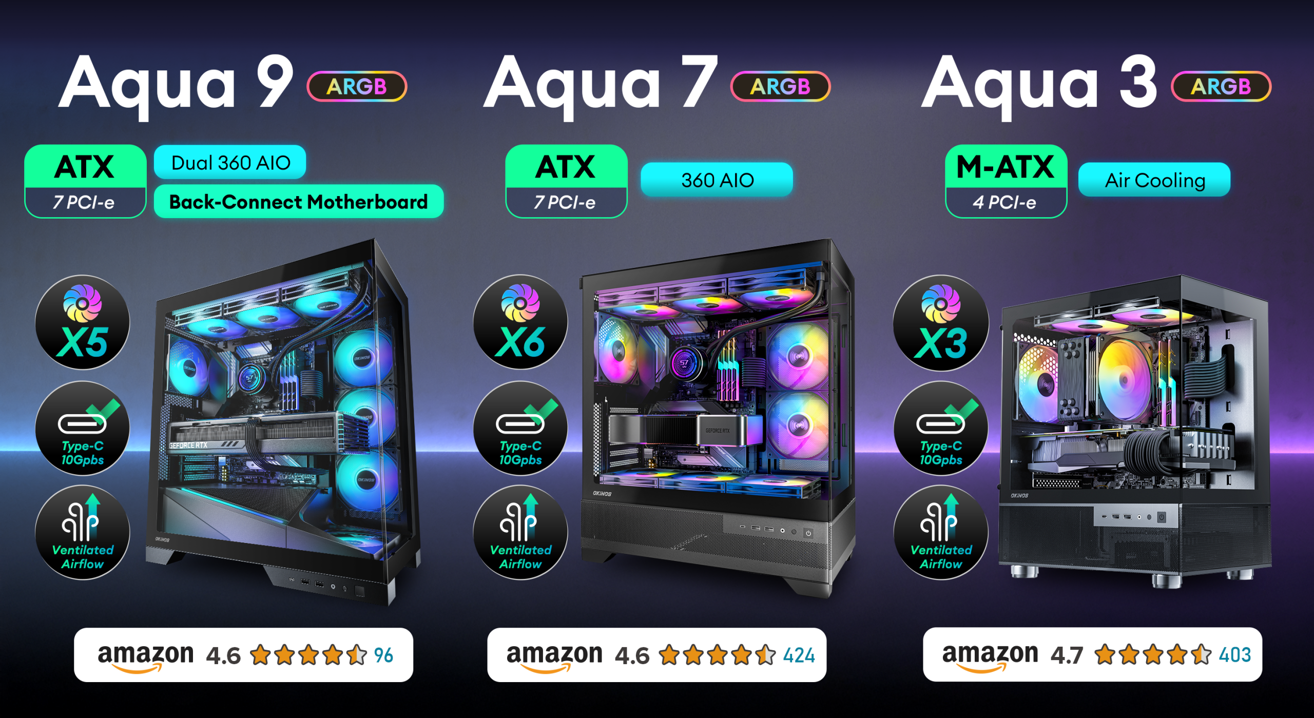 Some examples of the Okinos’ PC cases and motherboards.